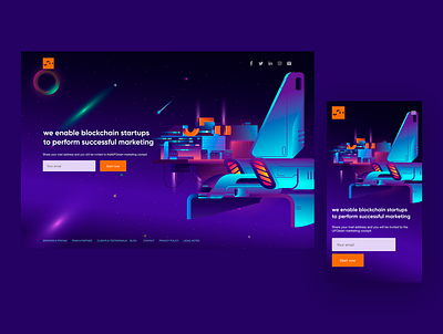 Space landing page design UFO START after effects animation blockchain branding cyberpunk design illustraion landing minimal onepage space startup ui vector web welcome page