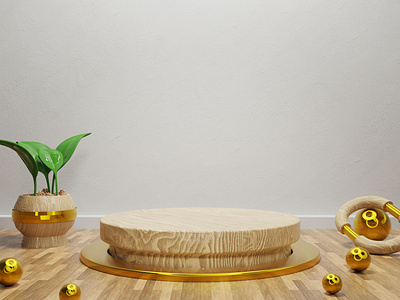 Elegant wooden podium floor and gold decoration white wall