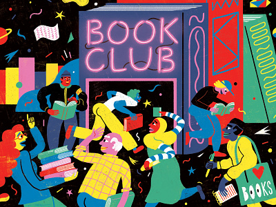 Book Club book books bouncer city clubbing colorful colourful dance illustration night reading