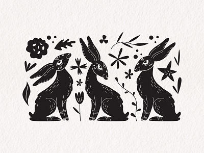 Linocut Rabbits animals creative market digital illustration linocut monochrome mysterious rabbits vector