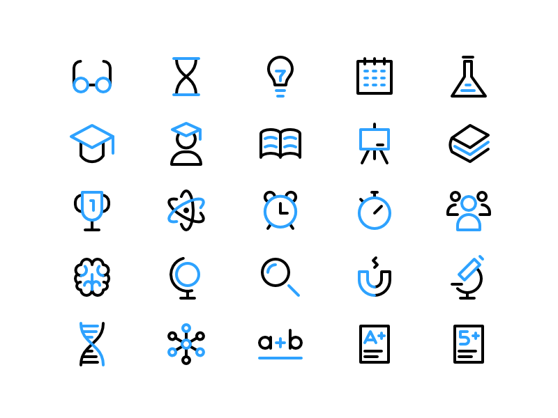 School and Scientific Icons molecule microscope globe brain alarm atom cup notebook flask calendar lamp glasses