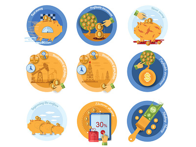 Set of round business icons business flat money piggy bank round ui web