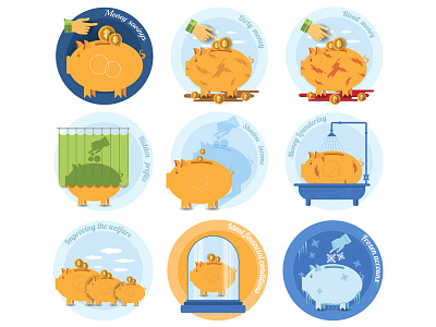 Set of round business icons with piggy bank