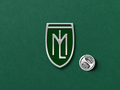 ML monogram art deco art nouveau badge branding brandmor button design enamel enamelpin green logo logodesign metal minimal monogram pin shield shield logo silver typography