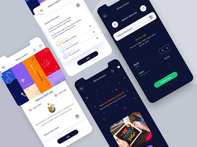 Registering Event app design cards ui dark app dark theme flatdesign minimal design uiux