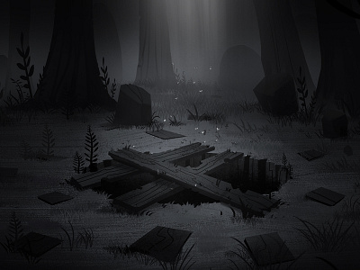 The Hole Tom Fell In bw forest illustration