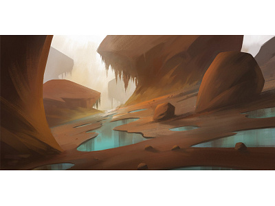 Ponds in the canyon 2d art background bg art design digital digitalart environment illustration landscape