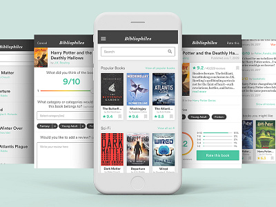 Bibliophiles UI app design bibliophiles books harry potter mobile ratings reading reviews ui user experience user interface ux