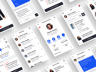 Concierge Mobile app black and white cart chat checkout concierge contact list iphone minimal mobile product detail products profile screen design ui design