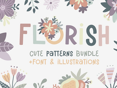 Cute patterns, illustrations and font