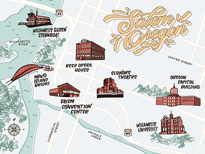 Salem 3d hand lettering illustrated map oregon postcard poster type typography vector