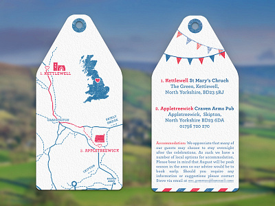Directions Tag - Wedding Invite british church icon invite map paper red blue white texture wedding