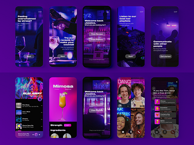 vBar - The Virtual Bar App app bar call cocktails connection design digital drinks futuristic gradient graphic design interactive mobile app music purple recipe relaxation ui ux