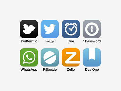 Apps (for iOS 7) 1password day one due icons ios7 pillboxie twitter twitterrific whatsapp zello