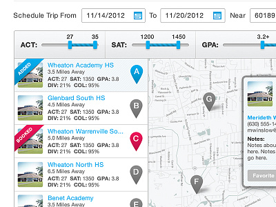 School Recruiter Planning App filter maps schedule slider