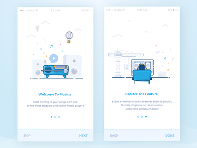 Musica Onboarding Screen android material app illustrations application clean card icons design graphics icon interaction invitation tour ios iphone music product onboarding prototype ux ui welcome screen