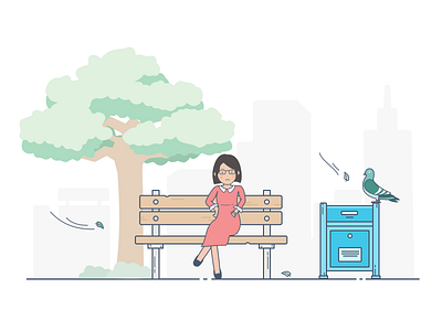 Waiting chair character girl illustration light women mailbox nature park style tree waiting