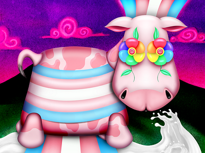 Spilt Milk (Night) background cow cute design graphic design illustration kawaii lgbt neon pride queer trans