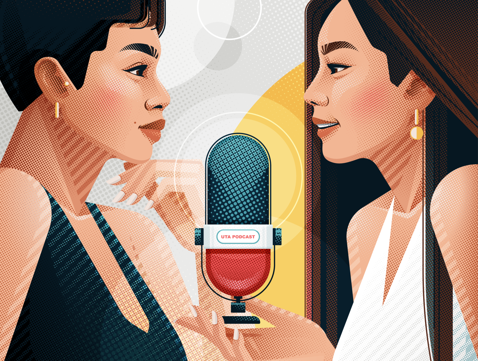 Sarah & Imim avatar character concept art conversation diversity girl halftone halftones illustration illustrator mic microphone podcast pop art portrait talk texture vector woman