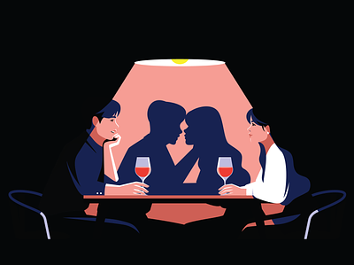 Shadows character colorful date design dinner girl illustration kiss love lovers man restaurant romantic shadow vector wine woman