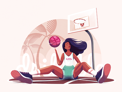 Hello Dribbble! ball basketball character first shot girl hello dribbble illustration palm tree sport sports tropical woman