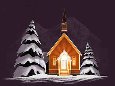 Yosemite Valley Chapel chapel house illustration night pine snow tree winter
