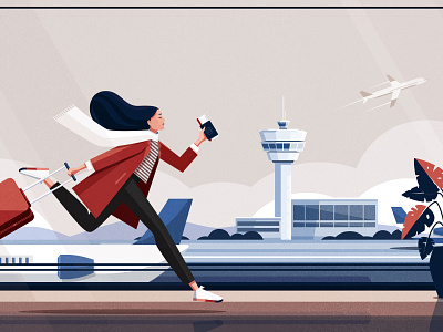 Running late for a flight airplane airport character flight girl illustration plant run suitcase terminal woman