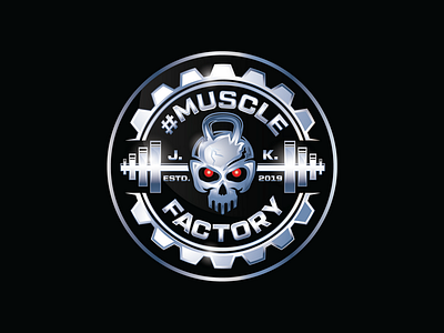 Muscle Factory - Blue Chrome - Logo Design body building brand branding chrome design fitness kettlebell logo modern muscle skull sport