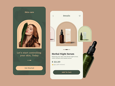 Beauty Product Shopping App addtocart application beauty beautyapp beautyproducts branding buy detail ecommerce get started green inspiration minimal mobile onboarding product shopping skin care products ui uiux