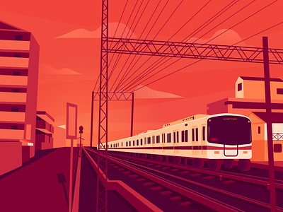 The setting sun in summer graphic illustration red subway sunset ui