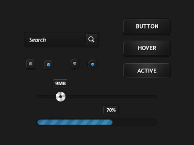 Dark UI button checkbox dark kit loading bar radio search slider ui user interface