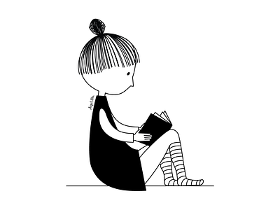 Little girl black book character child doodle girl minimal outline reading white