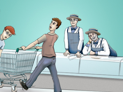 Supermarket Love butcher comic guys illustration supermarket trolley