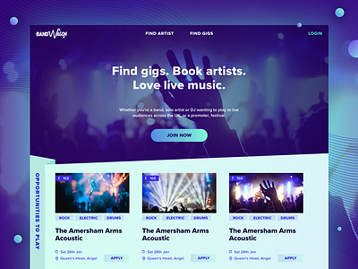 Bandwagon website design gigs gradient homepage landing page music purple startup tile tiles webdesign website