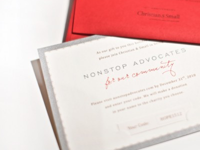 Card that contains the giving code for nonstopadvocates.com print
