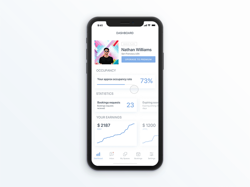 Rental app dashboard iphone x statistic dashboard gif principle animation finance user interface ux ui mobile app ios