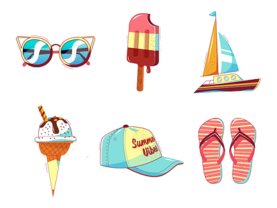 Summer elements beach boat cap elements flip flops glasses icecream icons summer vector
