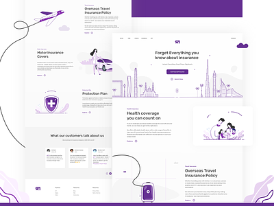 Insurance Landing Page clouds cover dubai footer health illustration insurance interface landing page motor plan policy portal protection purple testimonial travel ui ux website