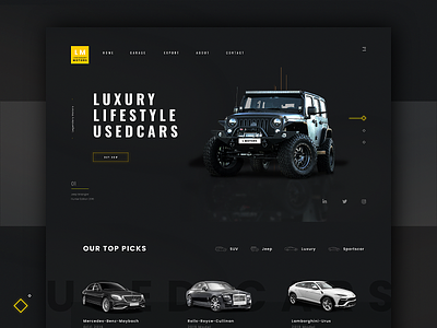 Pre Owned Cars car car collection cars dark dark mode dark theme dark ui filters interface lamborghini landing page lifestyle luxury mercedes pre owned theme top pick used car website design