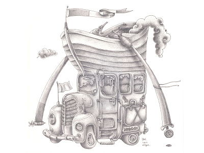 bus on the river bus bw doodle drawing illustration paper pencil sketch