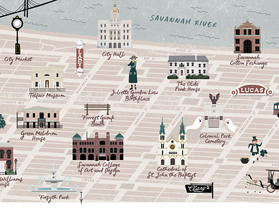 Savannah, GA Illustrated Map buildings illustration map retro texture travel vector vintage