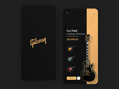 Gibson Concept App app app design black lead card clean dark dark ui flat gibson guitar instruments ios les paul minimal mobile app music shop typoraphy ui ux