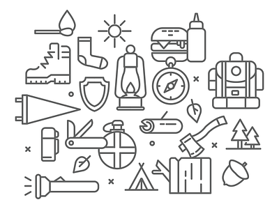 Icon Set - Camping camping exploration hiking icon set iconography icons lineart lumberjack outdoors outline scouts