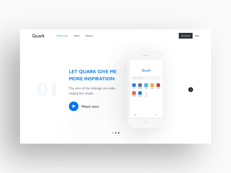 Quark Landing page app blog clean colors grid minimalism，browser type typography