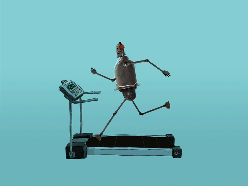Run baby run animation distopia exercise gym justice robot run situation sport treadmill