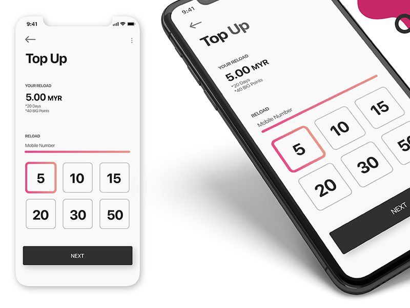 SooTalk - Reload Section phone ios selection company gradient pink minimalism telco topup reload ux ui