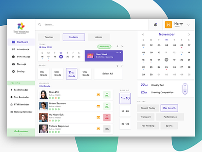 A School and Student Management Website activity add admin admin panel calendar efficient filters live manage management app notification people management performance school school app sketch student student project track vertical
