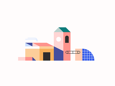 Atelier azul recreo buildings color geometric icon illustration pattern playful shadow sunny toy vector