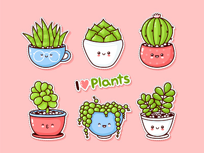 Plants stickers set art cactus card cartoon character cute design face happy illustration kawaii love outline plants pot stickers succulents vector