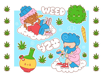 Weed stickers set 420 bong bud cannabis cartoon character cute high illustration joint kawaii marijuana medical positive vibes pot sativa smoke smoking stickers weed